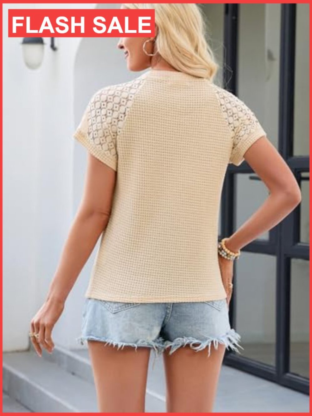 Waffle Knit Short Sleeve Crewneck Lace T-Shirt Blouse Top - Picture 5 of 7
